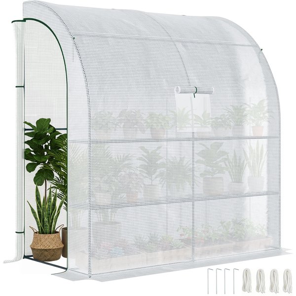 Outsunny Walk-In Lean to Polytunnel Greenhouse with Windows and Doors 2 Tiers 4 Wired Shelves 200L x 100W x 215Hcm White Aosom UK