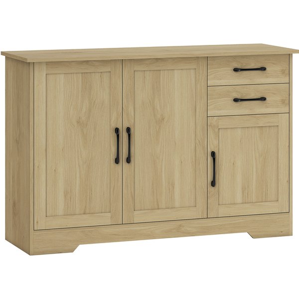 Homcom Buffet, Meuble De Rangement Avec 3 Portes, 2 Tiroirs Et éTagèRe RéGlable, 120 X 38 X 79 Cm, Bois Naturel-image