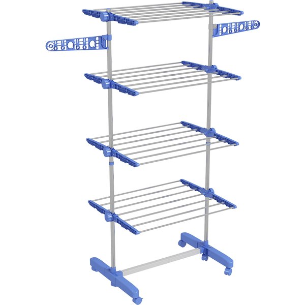 HOMCOM 4-Tier Clothes Airer, Foldable Clothes Drying Rack, Stainless Steel Indoor & Outdoor Clothes Dryer w/ Wheels & Wings, Easy Assembly | Aosom Ireland
