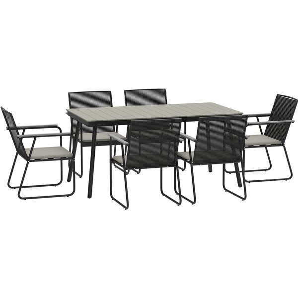 Outsunny 6 Seater Garden Dining Set with Soft Cushions, Rattan Backrest, Rectangular Plastic Top, Garden Furniture Set, Outdoor Dining Table and Chairs for Patio, Balcony, Poolside, Grey