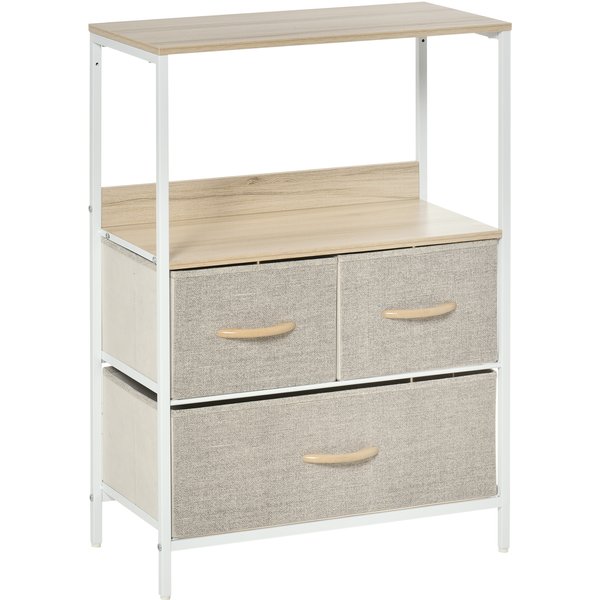 Homcom Meuble Rangement Bois Naturel MéTal Blanc 3 Tiroirs Tissu ÉTagèRe 58X29X81,5Cm Aosom France-image