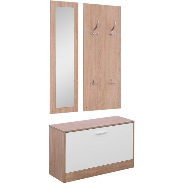 HOMCOM 3-teiliges Garderoben-Set Flurgaderobe mit Schuhschrank Garderobe Wandspiegel 4 Haken Natur 30 x 100 cm (Spiegel) Aosom