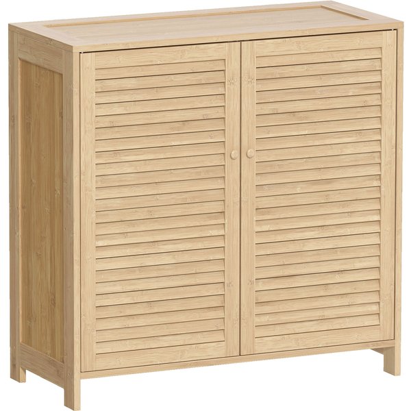 Homcom Meuble à Chaussures En Bambou 14 Paires, Armoire à Chaussures Avec Portes Persiennes Et éTagèRes RéGlables, Bois Naturel-image