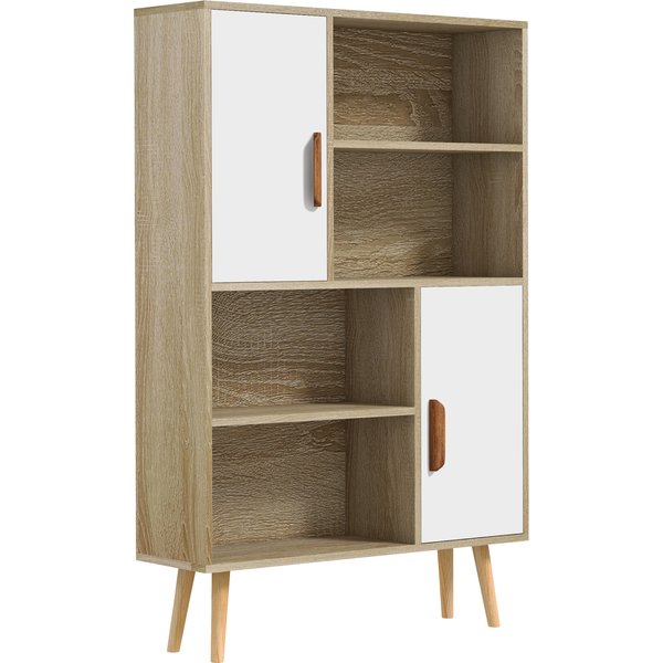 Homcom BibliothèQue Scandinave 4 Niches + 2 Placards Avec éTagèRe Dim. 80L X 24L X 123H Cm Pieds EffiléS InclinéS Bois Massif ChêNe-image