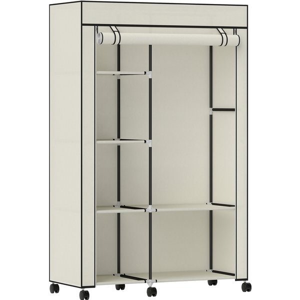 Homcom Armoire Penderie En Tissu Meuble De Rangement 6 Roulettes Tringle à VêTements Et éTagèRes Ouvertes 103X43X162,5Cm CrèMe-image
