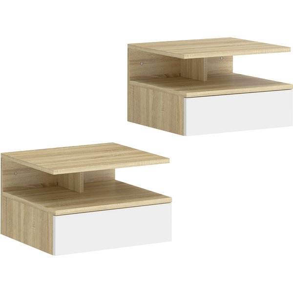Homcom Lot De 2 Tables De Chevet Murales, Tables De Nuit Suspendues Avec Tiroir, éTagèRe Ouverte, 35X32X22,5Cm, Blanc Et ChêNe-image