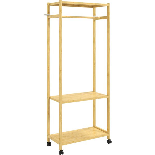 Homcom Portant à VêTements à Roulettes, Porte-Manteau En Bambou Avec 2 éTagèRes Et Tringle Suspendue, 70X35X175Cm, Bois Naturel-image