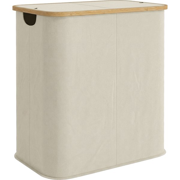 Homcom Panier à Linge Double Pliable 80 L Corbeille à Linge Sale Avec Couvercle, PoignéEs RainuréEs, Beige-image