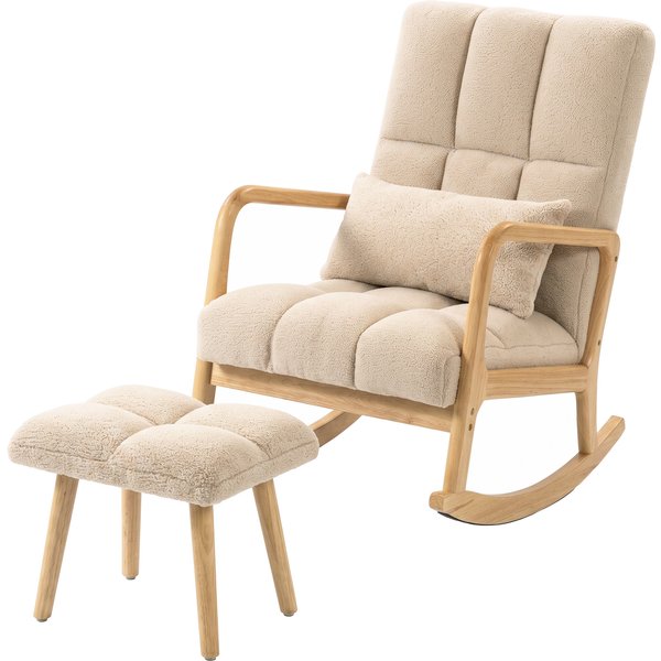 Homcom Fauteuil à Bascule Avec Repose-Pieds, Rocking Chair En Tissu Bouclette, Pieds En Bois, 64,5 X 82 X 89 Cm, Beige-image