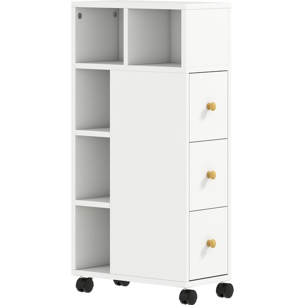 Homcom Meuble De Salle De Bain à Roulettes, Meuble De Rangement éTroit, 3 Tiroirs, 5 Compartiments Ouverts, 20X40X80Cm, Blanc-image