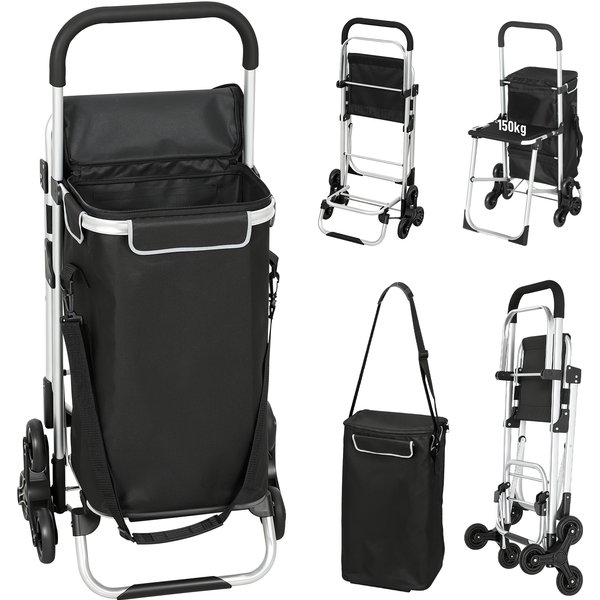 Homcom Chariot De Courses Pliable Caddie De Courses Portable à Roulettes Avec SièGe Pliable, Sac Amovible, 46X59,5X97Cm, Noir-image