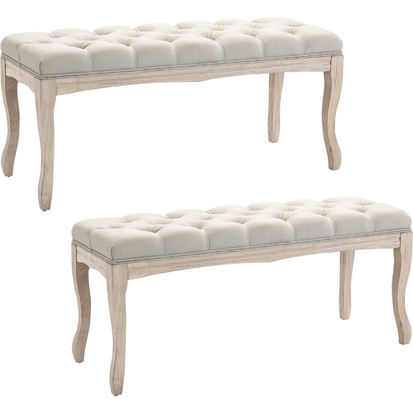 Homcom Lot De 2 Banc Banquette CapitonnéE Style Classique 110 Cm Bout De Lit RembourréE En Lin PièTement Bois HéVéA Sculpté-image