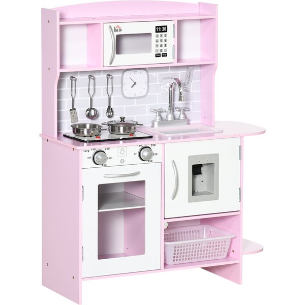 HOMCOM Wooden Play Kitchen with Lights Sounds, Kids Kitchen Playset with Water Dispenser, Microwave, Utensils, Sink, Gift for 3-6 Years Old, Pink