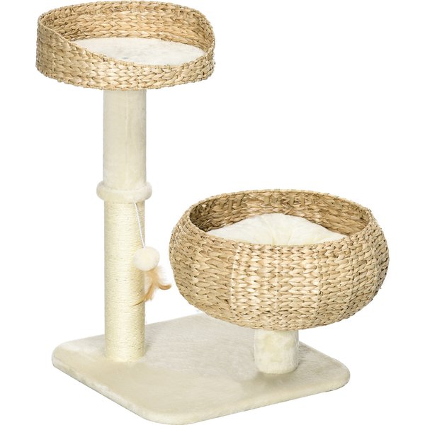 PawHut Kratzbaum mit 2 Katzenbetten, waschbaren Kissen, Spielball, Sisalsäulen, Beige+Cremeweiß Aosom