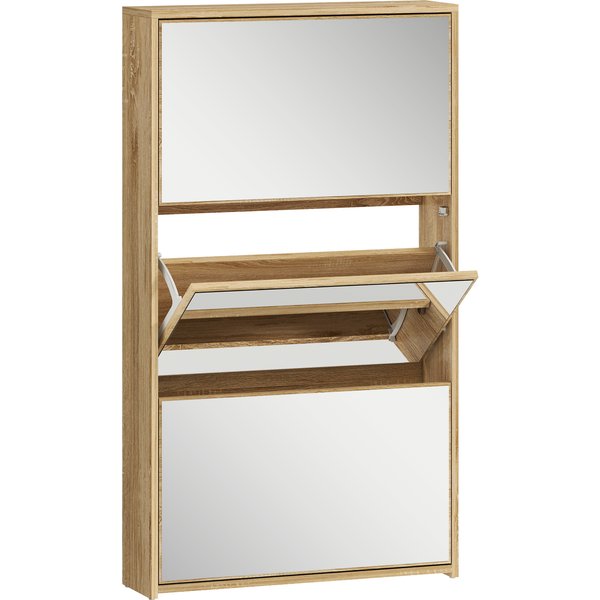 Homcom Meuble D'entréE 3 Portes Avec Miroir Meuble à Chaussures éTroit Pour 9 Paires 65X17X114,5 Cm Naturel-image