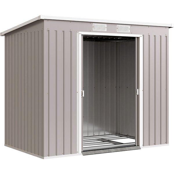 Outsunny Metall Gerätehaus 2,42 m², Geräteschuppen mit Pultdach Abschließbarer Doppelschiebetür Belüftung Bodenrahmen, 213 x 130 x 172 cm, wetterfest Outdoor Gartenhaus für Hinterhof Garten Hellgrau Aosom