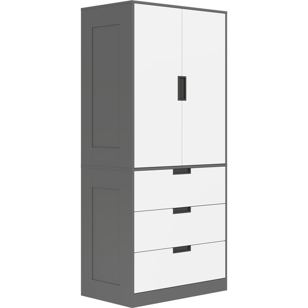 Homcom Armoire Chambre Penderie Avec 2 Portes à Fermeture Douce, 3 Tiroirs Et Barre De Suspension, 80X50X180Cm, Gris Et Blanc-image