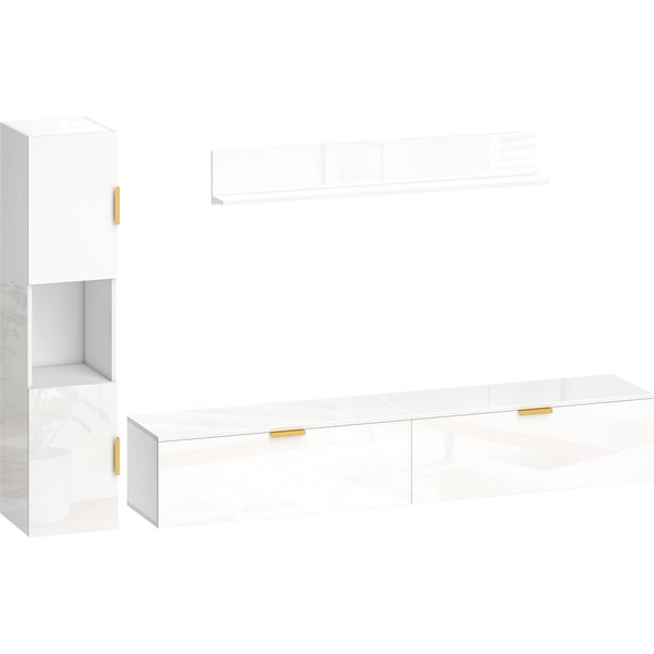 HOMCOM Wohnwand Wohnzimmer mit Wandregal und Aufbewahrungsschrank, 3-teiliges TV Set, Fernsehschrank Fernsehtisch mit Klapptüren, für Fernseher bis 55", Hochglanzweiß Aosom