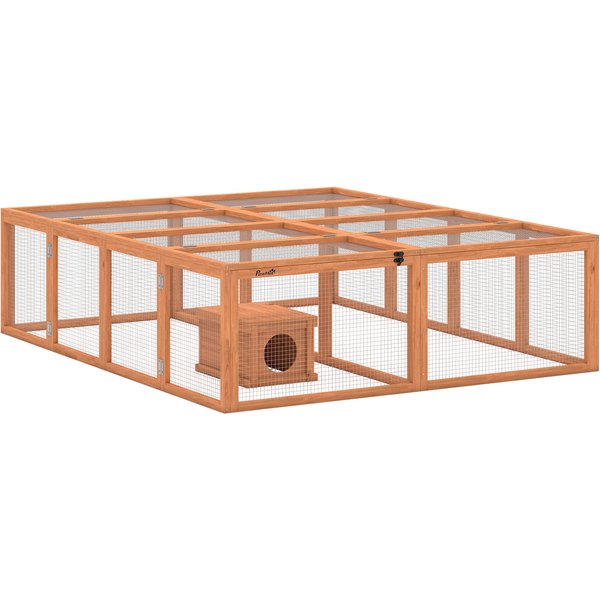 PawHut Freilaufgehege Kaninchenstall aus Holz mit 2 Türen 180,4 x 150 x 48 cm Hasenstall mit Unterschlupfhaus Freigehege für 2-4 Zwergkaninchen Zwergmeerschweinchen Enten Orange Aosom