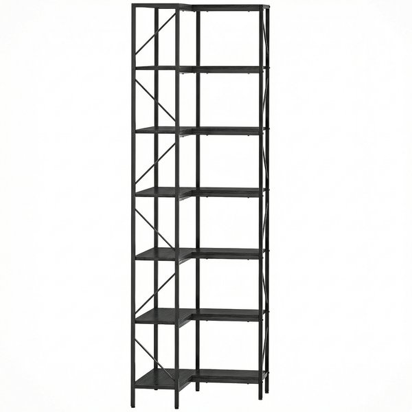 Homcom BibliothèQue D'angle à 7 Niveaux Industriel Avec éTagèRes De Rangement, 60 X 60 X 198 Cm, Noir-image
