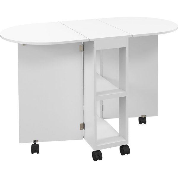 Homcom Table à Manger Pliante Sur Roulettes, Table De Cuisine Pour 4 Personnes, 2 Abattants Et 2 éTagèRes, 120X60X77Cm, Blanc-image