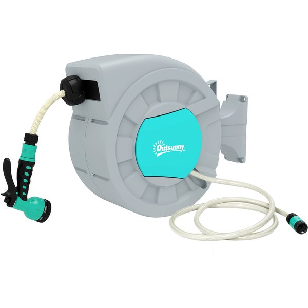 Outsunny Schlauchtrommel mit Gartenschlauch 25m, 180° schwenkbar Schlauchbox, Schlauchaufroller zur Wandmontage, Wasserschlauchaufroller mit automatische Aufrollung, 7-Funktionen Handbrause, Grün+Grau Aosom