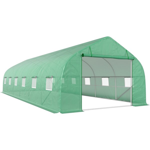 Outsunny Serre De Jardin Tunnel Grande Taille Avec BâChe Pe Cadre En Acier Porte Enroulable Et 12 FenêTres 8 X 3 X 2 M Vert-image