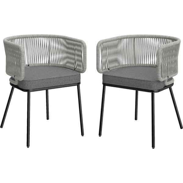 Outsunny Lot De 2 Fauteuils De Jardin, Dossier Et Accoudoirs En Corde RéSine TresséE, Coussins Amovibles, 55X57X75Cm, Gris Clair-image