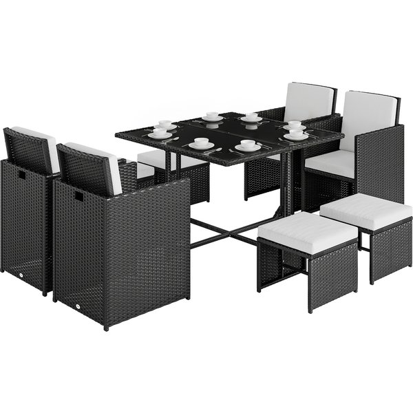Outsunny 9PC Garden Rattan Dining Set Outdoor Patio Dining Table Set Weave Wicker 8 Seater Stool Black