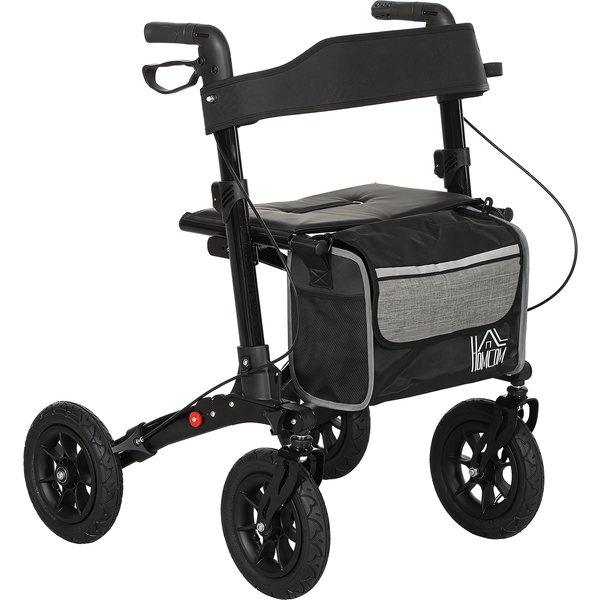 HOMCOM Folding Rollator Walker with Padded Seat, Backrest, Lightweight Walking Frame with Dual Brakes, All-terrain Wheels, 4 Wheeled Walker, Black