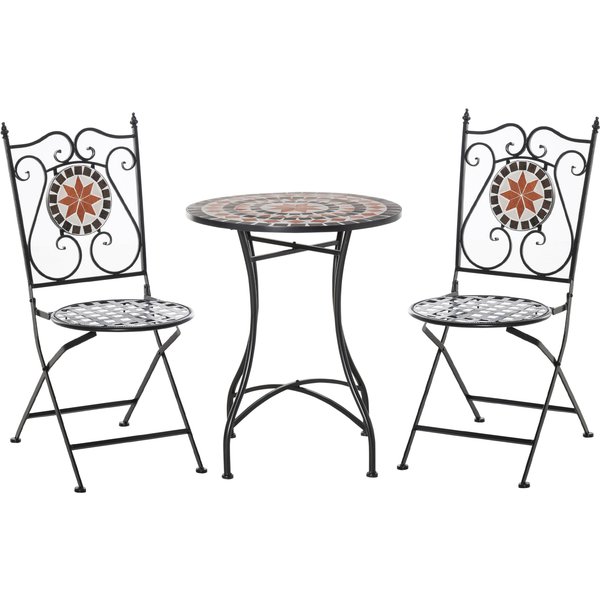 Outsunny 3 Pieces Garden Furniture Set, Bistro Set with 1 Ceramic Tile Round Table and 2 Foldable Chairs for Outdoor, Indoor, Patio, Balcony, Black
