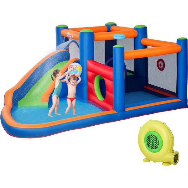 Outsunny ChâTeau Gonflable Aire De Jeux Avec Toboggan Trampoline Piscines + 3-8 Ans Avec Gonfleur Dim. 380L X 340L X 170H Cm Multicolore-image