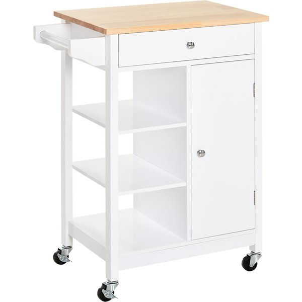 Homcom Desserte De Cuisine à Roulettes Avec Placard, Tiroir, 3 éTagèRes Ouvertes Et Porte-Serviettes, 66X39,5X86,5Cm, Blanc-image