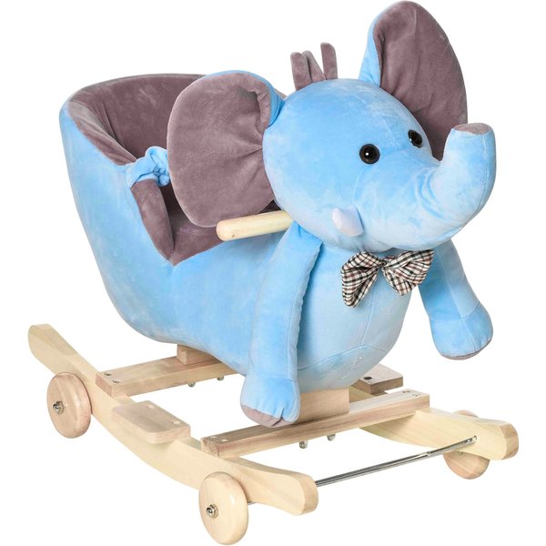 Homcom Cheval à Bascule Jouet à Bascule éLéPhant Et Porteur Sur Roulettes 2 En 1 Fonction Musicale 32 Pistes Ceinture SéCurité Bleu-image
