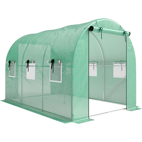Outsunny Gewächshaus 3 x 2 x 2 m Foliengewächshaus mit Rollbar 2 Reißverschlusstür & 6 Netzfenster Stützstangen Verlängerte Kanten, UV-beständig Folientunnel, Winterfest Tomatenhaus, Grün Aosom