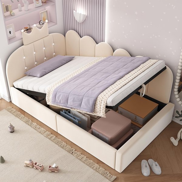 Modern Velvet Upholstered Daybed with Hydraulic Storage, Charming Sofa Bed for Children or Adults, 199L x 96W x 96H cm, Beige Aosom UK