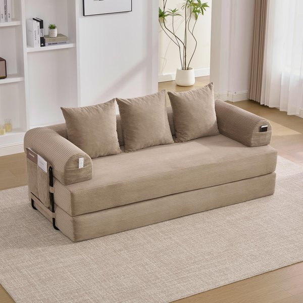 Cozy Compressible Folding Sofa with Detachable Metal Frame, Soft Modular Sectional Couch for Small Apartment, 200L x 94W x 67H cm, Khaki Aosom UK
