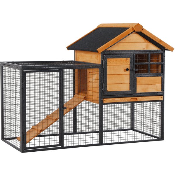 Pawhut Clapier Cage à Lapins Cottage Niche SupéRieure Avec Rampe Et Enclos ExtéRieur, FenêTre, 2 Portes Verrouillables MéTal éPoxy Sapin Pré-Huilé-image