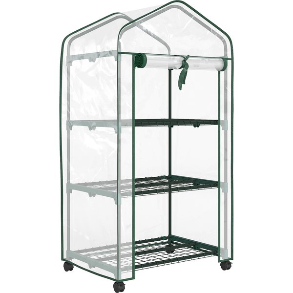 Outsunny Mini Serre De Jardin Avec 3 éTagèRes, BâChe Pvc Haute Densité, Porte Enroulable 4 Roulettes 69 X 49 X 130 Cm Transparent-image