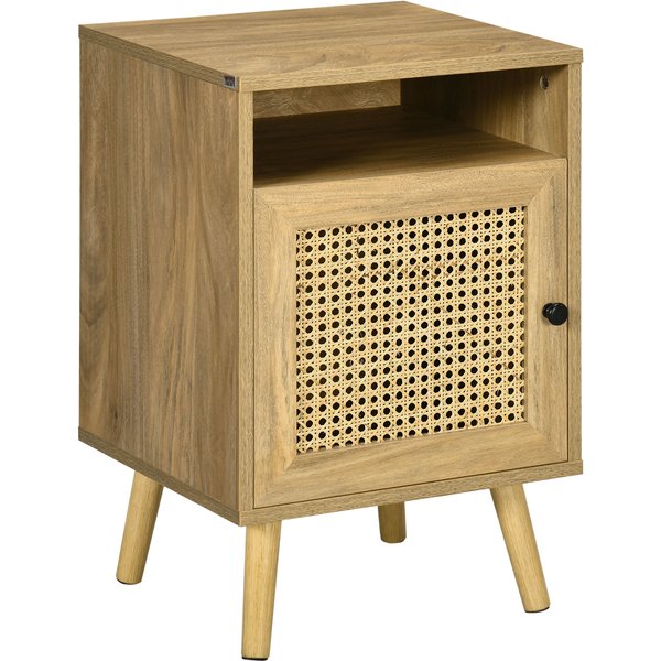 Homcom Table De Chevet Table De Nuit Avec Placard Porte Cannage Et Niche Design Vintage 39 X 35 X 60 Cm Naturel-image