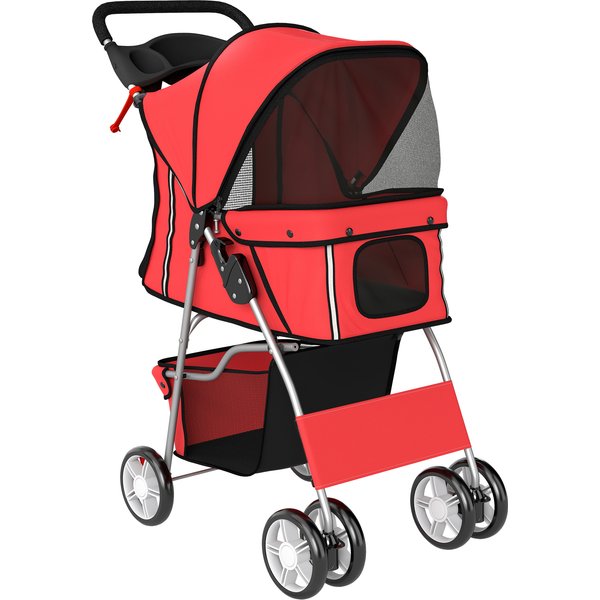 Pawhut Poussette Buggy Pliable Animaux Chariot Pliante Chien Chat Porte-Gobelet Panier De Rangement 75 X 45 X 97 Cm Rouge-image