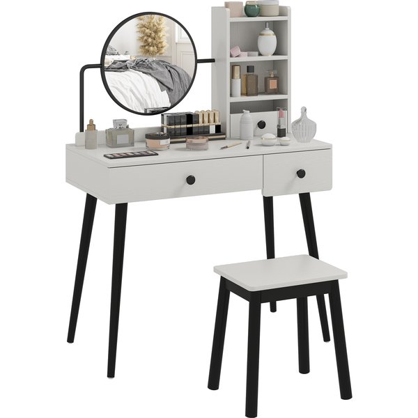 HOMCOM Dressing Table Set with Mirror and Stool, Vanity Makeup Table with 3 Drawers and Open Shelves for Bedroom, Living Room, Grey Aosom UK