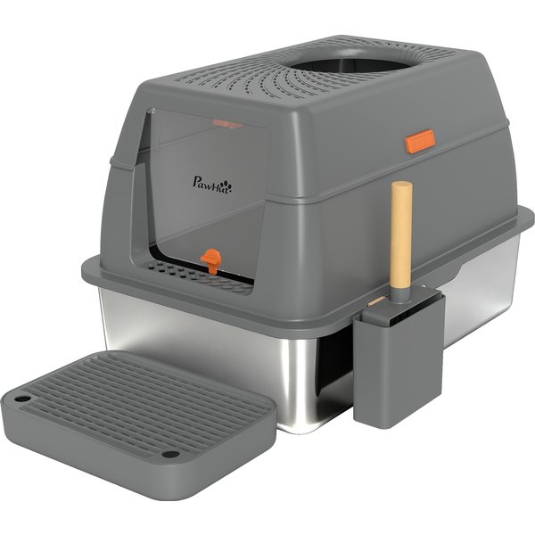 Pawhut Bac à LitièRe Fermé Maison De Toilette Pour Chat Acier Inoxydable Couvercle Marche Anti-Dispersion 60X40X38Cm Gris Foncé-image