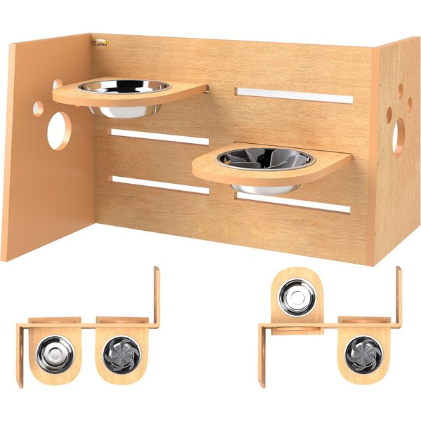 Pawhut Gamelle Chien SuréLevéE De 3 Hauteurs Ajustables Gamelle Pour Chien 2 Bols Acier Inoxydable 63 X 58,5 X 40 Cm ChêNe-image
