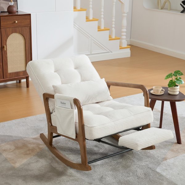 Cozy Rocking Chair with Adjustable Footrest and Side Pocket, Soft Corduroy Glider Armchair for Nursery, 92L x 80W x 70H cm, Beige Aosom UK
