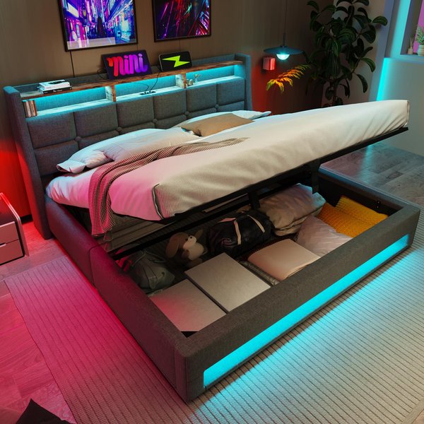 Vintage-Look King Bed with LED Lighting, Stylish Bed Frame with Gas-Lift Under-Bed Storage Space, 200L x 140W x 117H cm, Beige Aosom UK