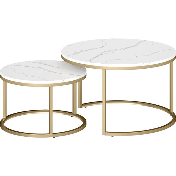 HOMCOM Couchtisch rund 2er Set Wohnzimmertisch Beistelltisch mit Metallrahmen, Satztisch mit Marmoroptik Kaffeetisch für Wohnzimmer, Schlafzimmer, Balkon Gold+Weiß Aosom