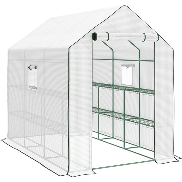 Outsunny Walk-in Greenhouse with PE Cover, 3 Tier Shelves, Roll-up Door & Mesh Windows, 140 x 213 x 190cm, White | Aosom Ireland