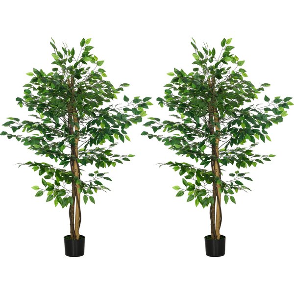 Homcom Lot De 2 Plantes Artificielles Ficus Hauteur 1,50 M Tronc Branches Liane Lichen Feuilles Grand RéAlisme Pot Inclus Vert-image