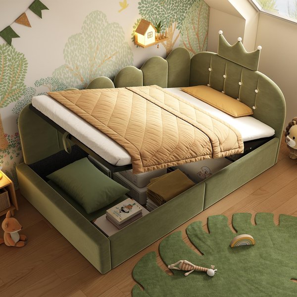 Modern Velvet Upholstered Daybed with Hydraulic Storage, Charming Sofa Bed for Children or Adults, 199L x 96W x 96H cm, Green Aosom UK